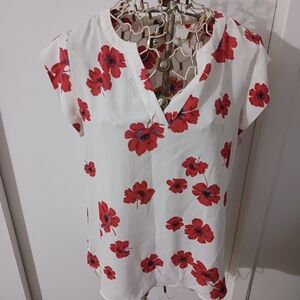 Reitmans White Blouse with Red Floral Print